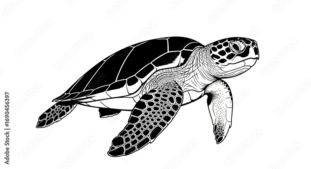 Obraz premium A detailed black and white artistic illustration of a sea turtle swimming against a clean white background.