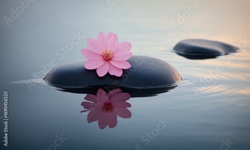 Delicate pink flower rests on smooth dark stone floating serenely on calm water surface
