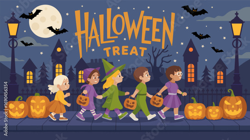 Children in halloween costumes walking down a street at night carrying pumpkin buckets for trick or treating silhouette