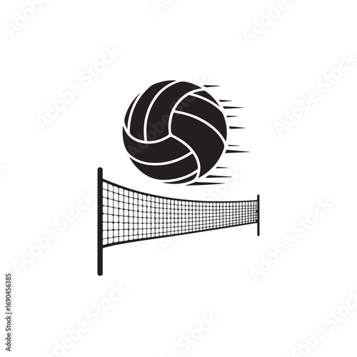 Volleyball in Motion Over the Net.A dynamic graphic depicting a volleyball in mid-flight, seemingly just clearing a volleyball net.