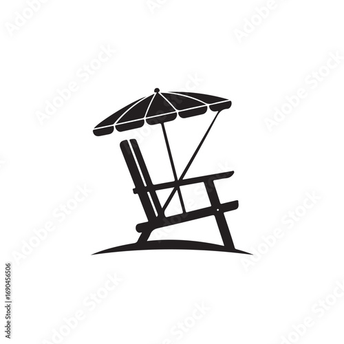 Simple Beach Chair and Umbrella Silhouette.A black and white silhouette of a beach chair with a parasol, set on a sandy surface.