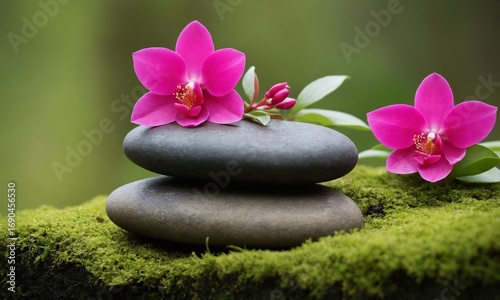 Serene spa balance with pink orchid and stacked smooth stones on lush mossy surface