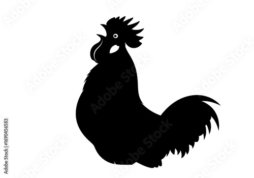 A black silhouette of a crowing rooster with a large tail and prominent comb, isolated on a white background.