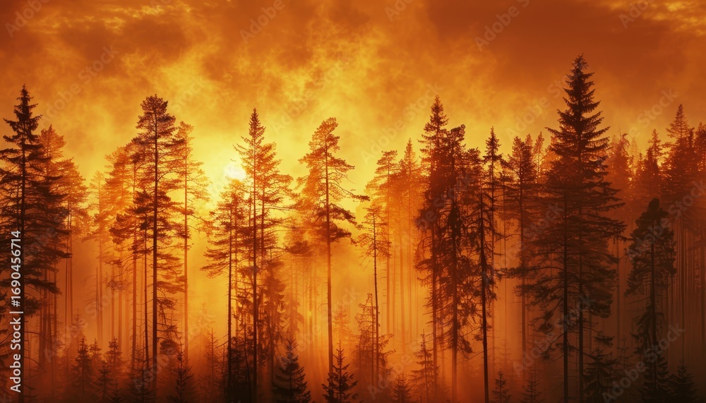 Fototapeta premium Breathtaking misty forest at sunrise bathed in warm, golden light creating a serene atmosphere