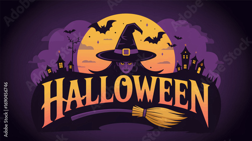 Spooky halloween night with a witch silhouette bats haunted houses and a full moon creating a festive and eerie atmosphere silhouette