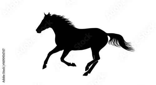Silhouette of a running horse, side view, detailed mane and tail.