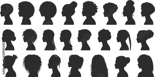 Collection of diverse black woman silhouette profiles, afro hairstyles, natural hair styles, female head vectors, side view portraits, beauty icons, hair diversity set