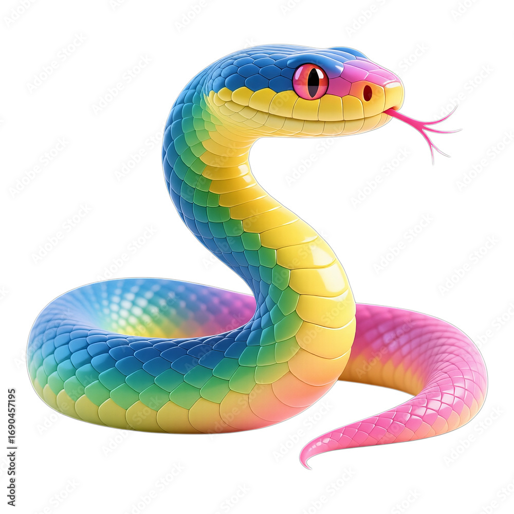 Naklejka premium Rainbow Snake with Pink Tongue, Glossy 3D Realism Illustration on Transparent Background
