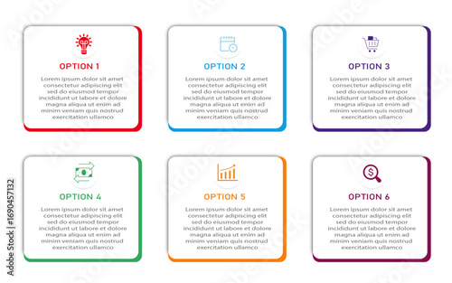 Marketing process visualization with white box diagram | Business data representation with 6 steps or option two side creative border | Colorful vector illustration for web, presentation, report