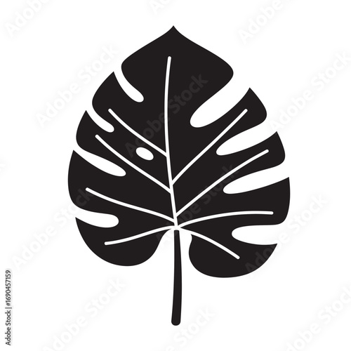 Black glyph icon of Monstera deliciosa leaf, bold silhouette, isolated on white background