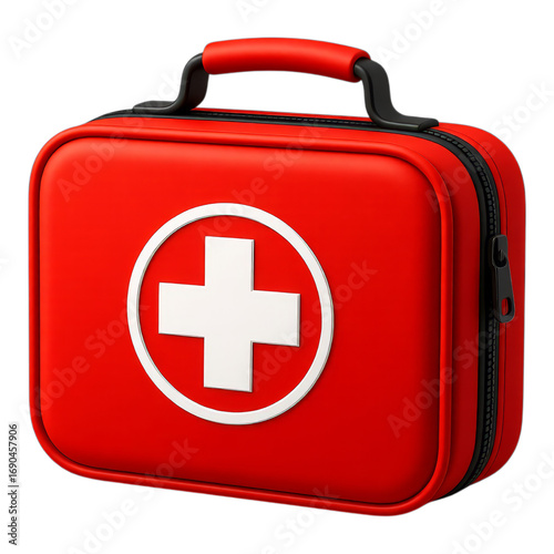 Red First Aid Kit with White Cross, 3D Realism Design Element on Transparent Background