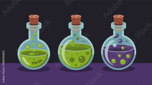 Three glass potion bottles with cork stoppers containing colorful bubbling liquids and magical ingredients in a silhouette style