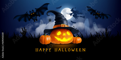 Happy Halloween greeting card, banner. 3d realistic pumpkin with witch hat and carved funny face. Jack lantern, bats, mystical moon and fog made a creepy vibes of Halloween night. Vector illustration
