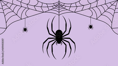A large black spider silhouette hangs from a delicate spiderweb with smaller spider silhouettes against a soft purple background