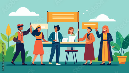 People at outdoor market vector illustration diverse group selling goods at stalls community event high quality professional