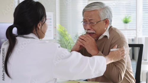 Doctor and senior patient in emotional health care counseling after diagnosis in hospital support setting
