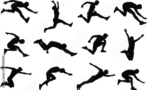 Dynamic athlete silhouettes in mid-air action, sprinting, jumping, stretching, powerful body movement, fitness motion, training energy, sport exercise, agility, silhouette pose