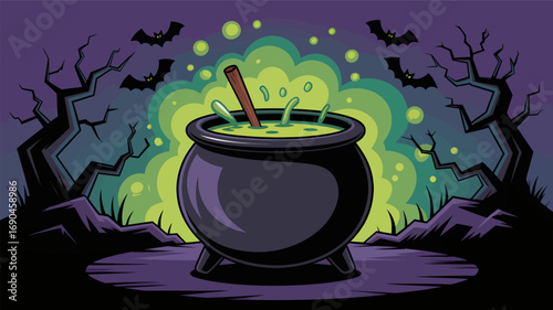 Mysterious bubbling cauldron emitting glowing green potion smoke in a dark spooky forest with bare trees and flying bats halloween silhouette