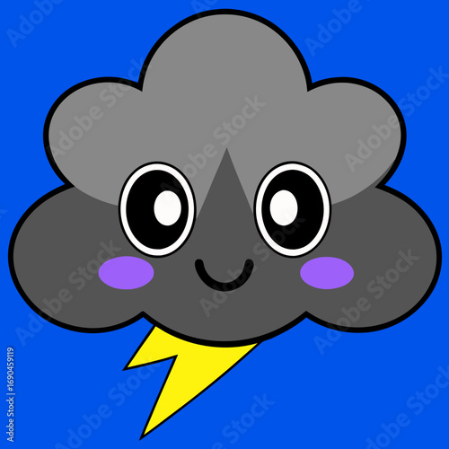 Vector art of a cute cartoon cloud with a smiling face, big eyes, and a lightning bolt, isolated on a blue background, perfect for weather forecasts