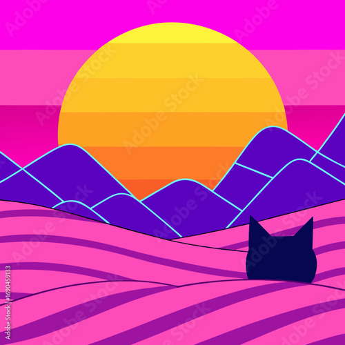Vector art of a retrofuturistic landscape with a setting sun, mountains, and a cat silhouette, evoking a sense of nostalgia and synthwave aesthetics