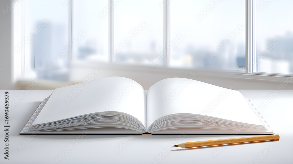Fototapeta premium Open notebook with blank pages and pencil on table by window