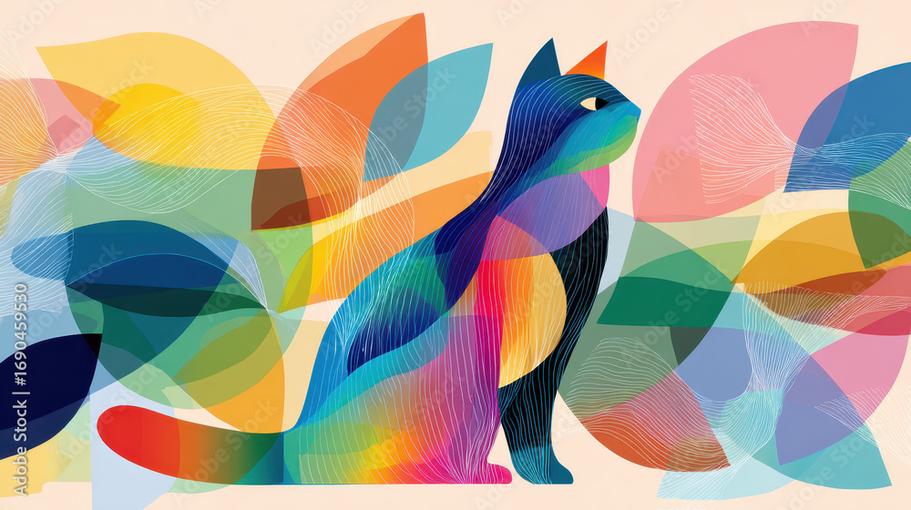 Naklejka premium Colorful abstract cat silhouette surrounded by vibrant overlapping leaf shapes in a harmonious composition against a soft background