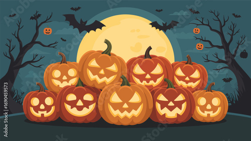 Spooky halloween night with carved jack o lanterns glowing brightly against a large full moon and dark trees silhouette