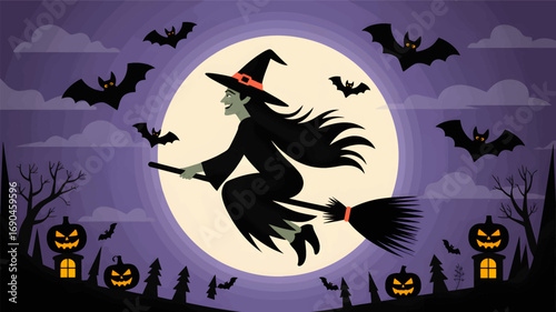 Halloween witch flying on broomstick against a large full moon with bats and jack o lanterns in silhouette