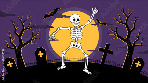 Spooky halloween scene with a dancing skeleton figure in silhouette against a large full moon and graveyard with bats and bare trees silhouette