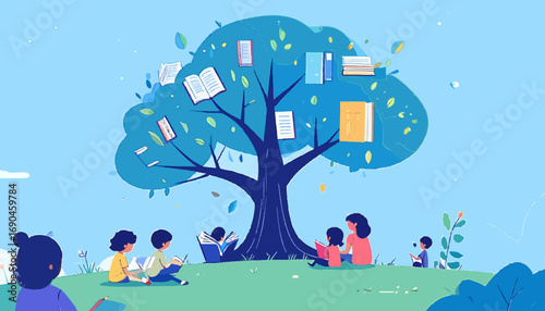 People reading books under tree whimsical style learning and education in nature knowledge concept high quality professional