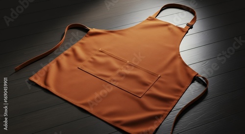 Plain Orange Apron with Pocket on Wooden Surface Ready for Branding or Culinary Use