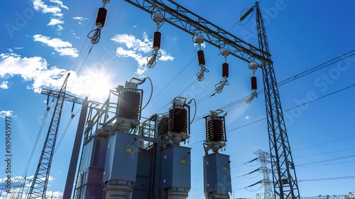 Three-phase high-voltage transformer with a robust metallic gray body and large cooling fins, standing at a substation to regulate high electrical power, surrounded by power cables and utility poles