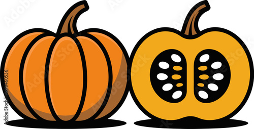 Vibrant orange pumpkin whole and halved revealing seeds and pulp in a distinct silhouette style illustration