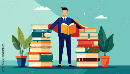 Superhero businessman reading book standing between book stacks vector study concept high quality professional