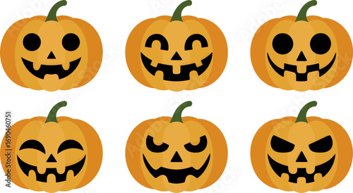 Six unique carved halloween jack o lantern pumpkin faces with spooky and happy expressions in a simple silhouette style