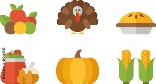 Collection of thanksgiving holiday food and symbols including a turkey pumpkin pie corn and vegetables in a flat design silhouette