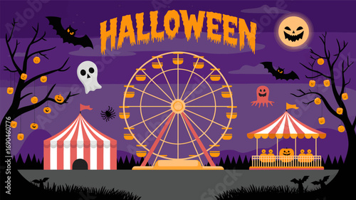 Spooky halloween carnival scene with a ferris wheel circus tents bats ghosts and jack o lanterns under a full moon silhouette