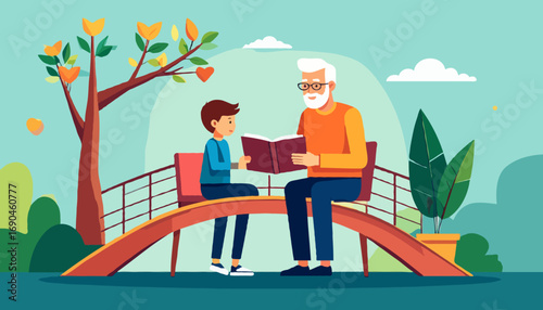 Grandfather reading to grandson on bridge cheerful scene family bonding time peaceful moment high quality professional