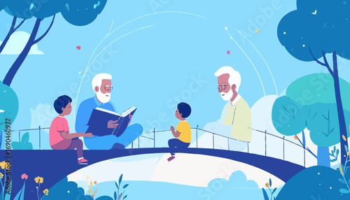 Grandfather reading book to grandchildren on bridge peaceful outdoor scene family love high quality professional
