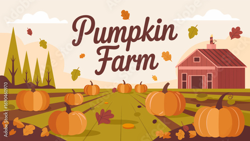 Autumn pumpkin farm scene with falling leaves and a rustic barn a charming fall harvest silhouette