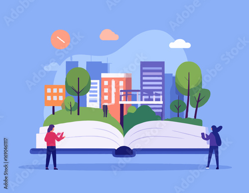 Open book showing cityscape with people reading and exploring learning and imagination high quality professional