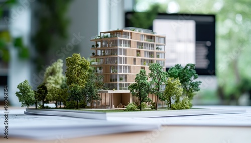 Architectural model of a modern building with trees, set on blueprints, in front of a computer