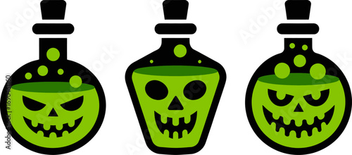 Three spooky halloween potion bottles with glowing green liquid and carved pumpkin faces in a silhouette style