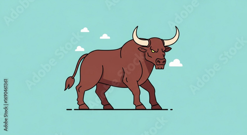 Illustration of a brown bull with large horns standing in a pasture with white clouds in the sky design vector