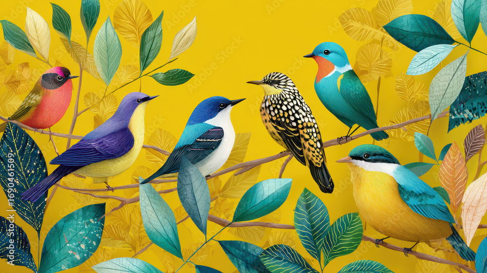Naklejka premium Colorful illustration of various birds perched on branches with vibrant leaves against a bright yellow background