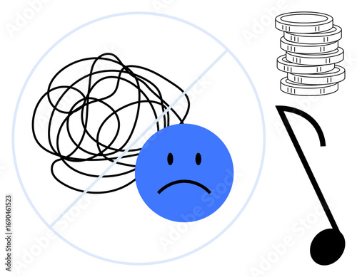 Blue sad face contrasts a scribbled mess, a barred circle, coins, and musical note. Ideal for mental health, organization, finance, creativity, problem-solving simplicity mindfulness in simple flat