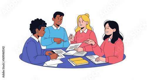 Diverse group of four young students collaborating in a study session around a table.