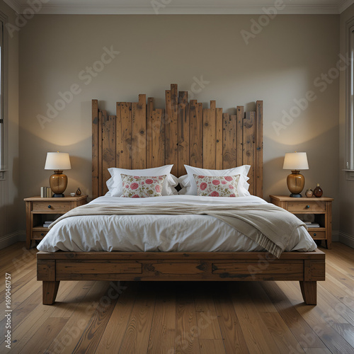 Bedroom with double bed with tacky wooden headboard in a room with oak flooring
