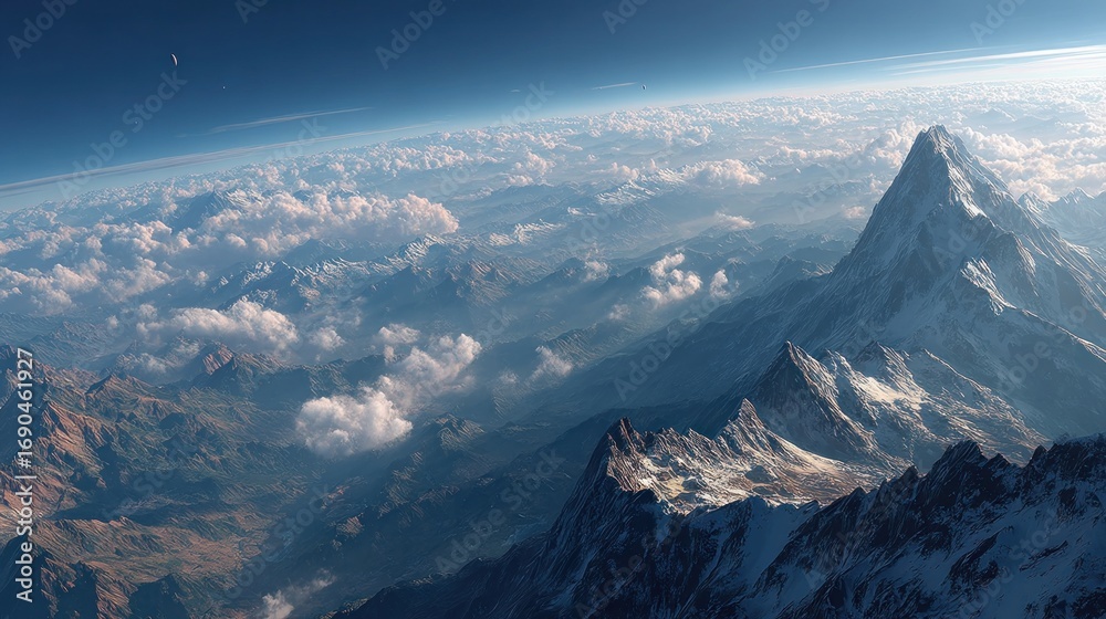 Fototapeta premium Majestic peaks piercing the clouds, a breathtaking aerial view of mountains