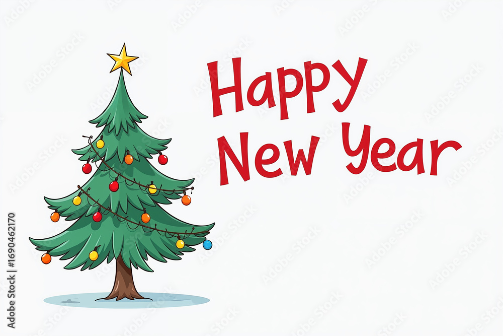 Fototapeta premium A green Christmas tree adorned with colorful ornaments and a star, on a white background with Happy New Year text.